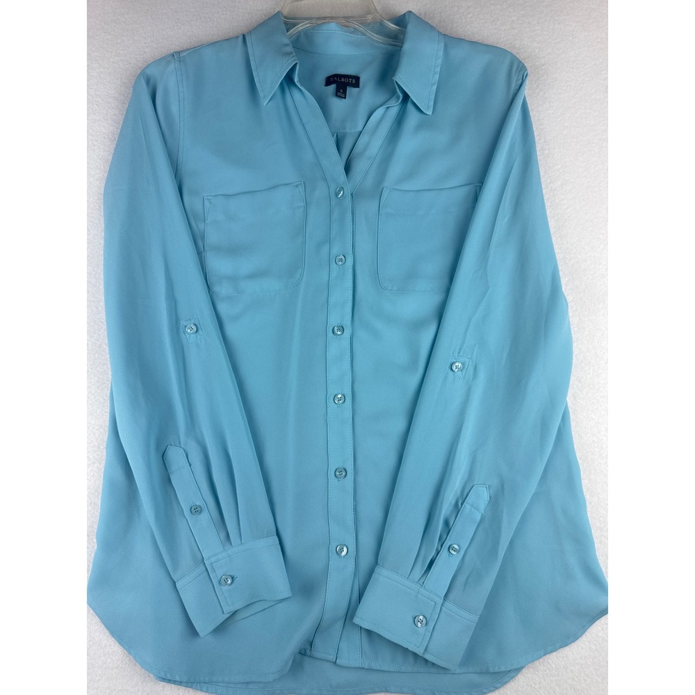 Talbots Womens Turquoise Blue Roll Tab Sleeve Button Front Blouse Size S VN5235